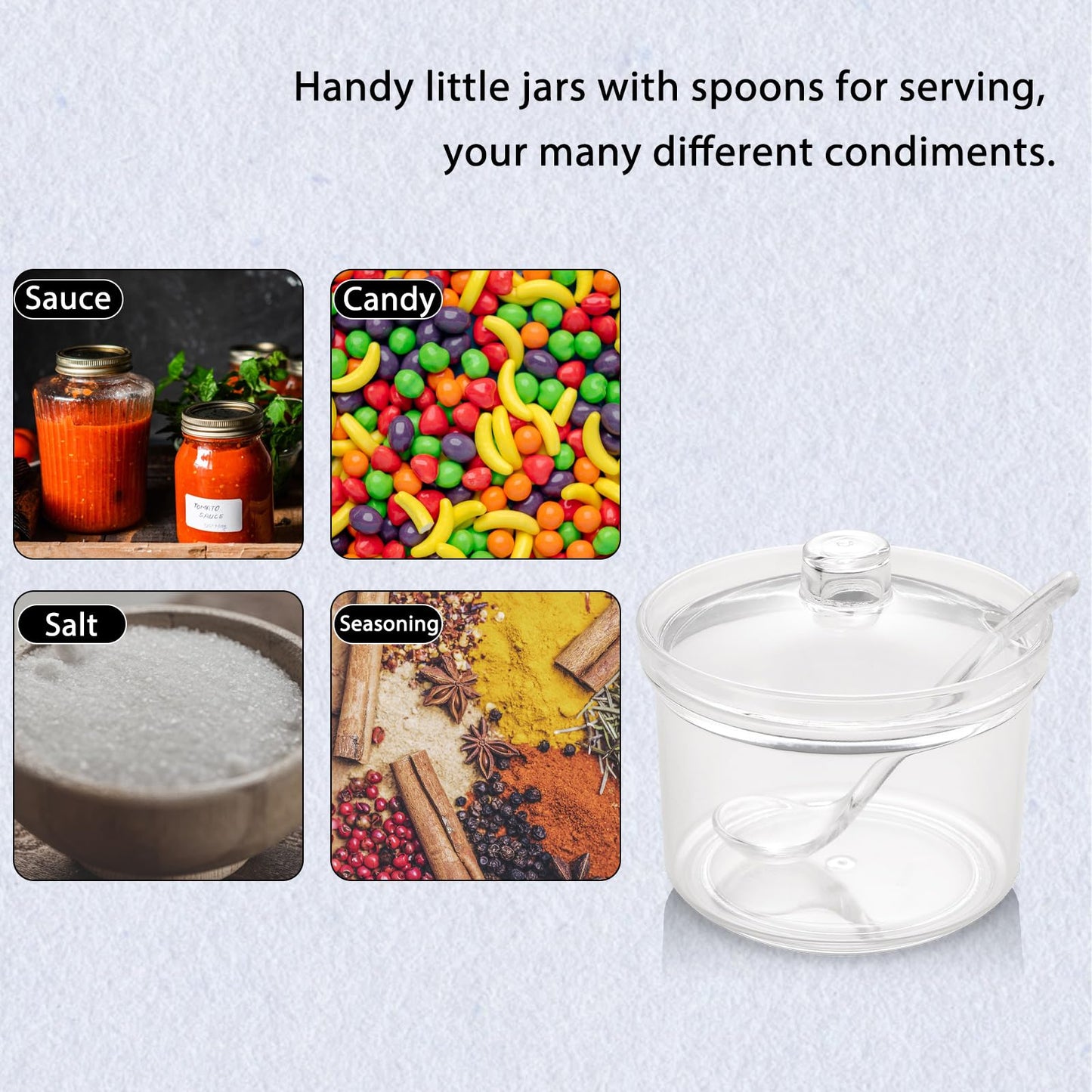 RAMFIYN Set of 4 Acrylic Sugar Bowl with Lid and Spoon, Clear Sugar Jar with Lid And Spoon, Cute Jars for Sugar, Salt, Tea, Condiment Server- 13oz