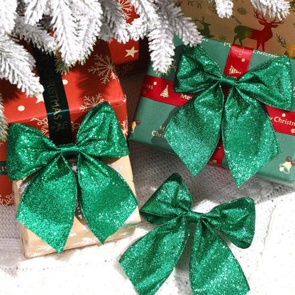JOICEE 12 Pcs Glitter Ribbon Christmas Bows with Twist Ties,5.5 Inch Premade Metallic Xmas Bows for Christmas Trees Garland Wreath Gift Wrapping Decorations(Green)