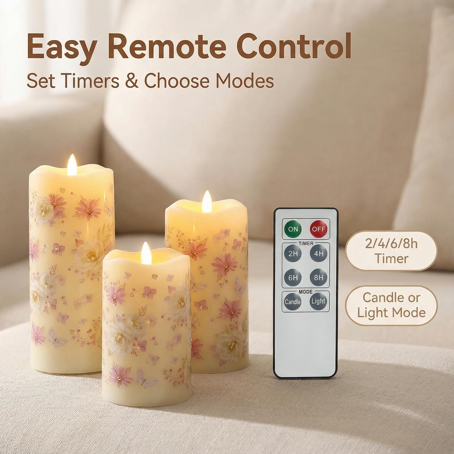 Eywamage Fiber Optic Flameless Pillar Candles with Remote, Floral Butterfly Summer LED Candles Flickering Home Decor Gift Set of 3