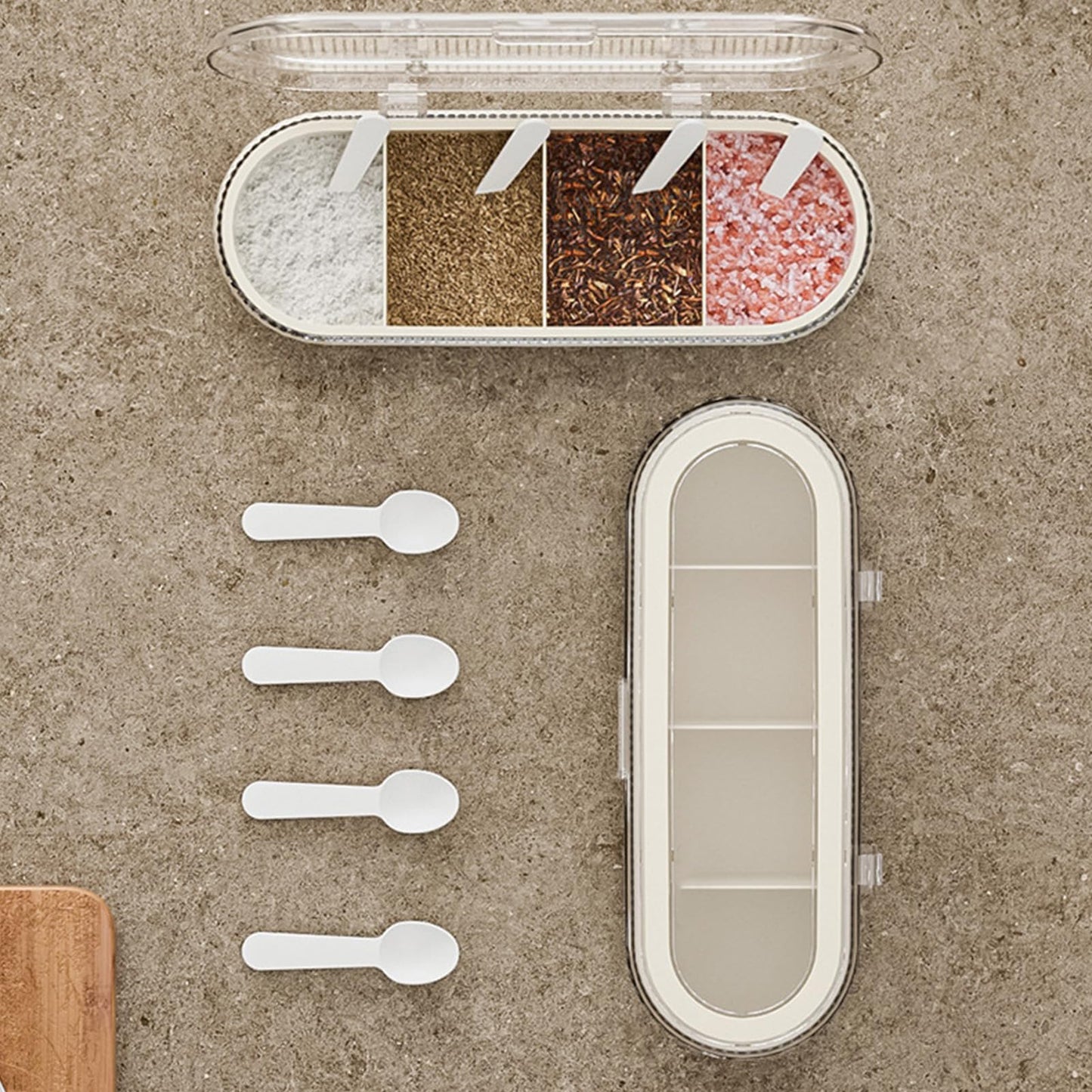 Buachois 4 Dividers Condiment Pot with 4 Spoons, PP and PET Container Condiment Box with Lid for Store Salt Cinnamon Cumin Parsley Flakes