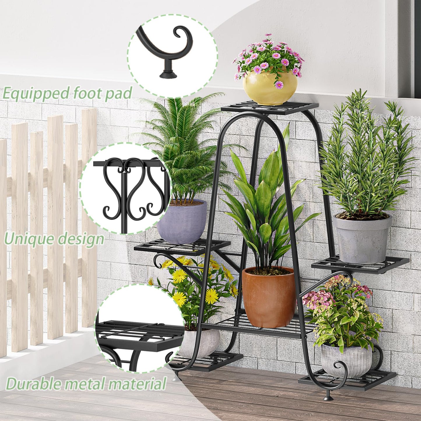 INGIORDAR Plant Stand Indoor Outdoor Shelf Metal Holder Pot Rack Multiple Plants Stand Tall 6 Pot Flower Shelf Corner Living Room Garden,Black (Black, 6 Pots)