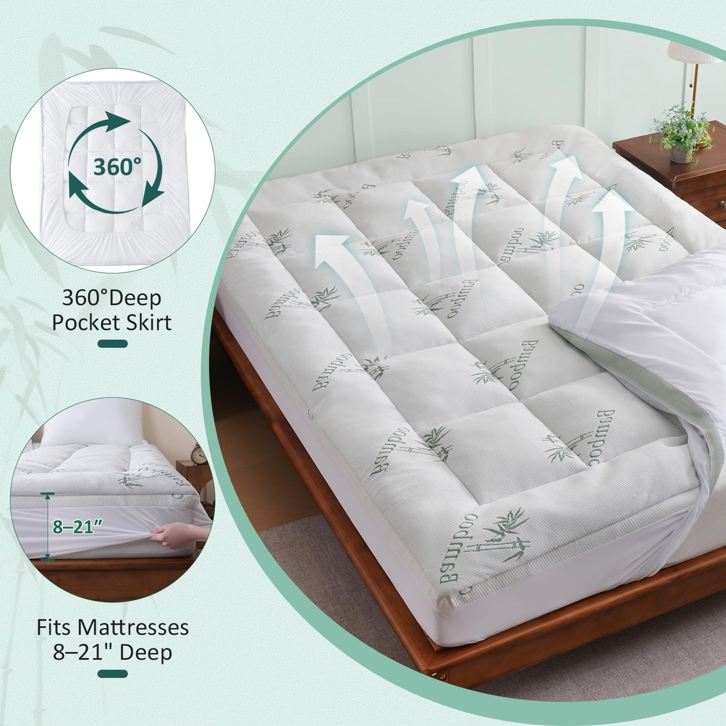 DOWNCOOL Memory Foam Mattress Topper Full, Pillow Top Mattress Pad for Back Pain Relief, Viscose Derived from Bamboo, Deep Pocket Fits 8–21 Inch