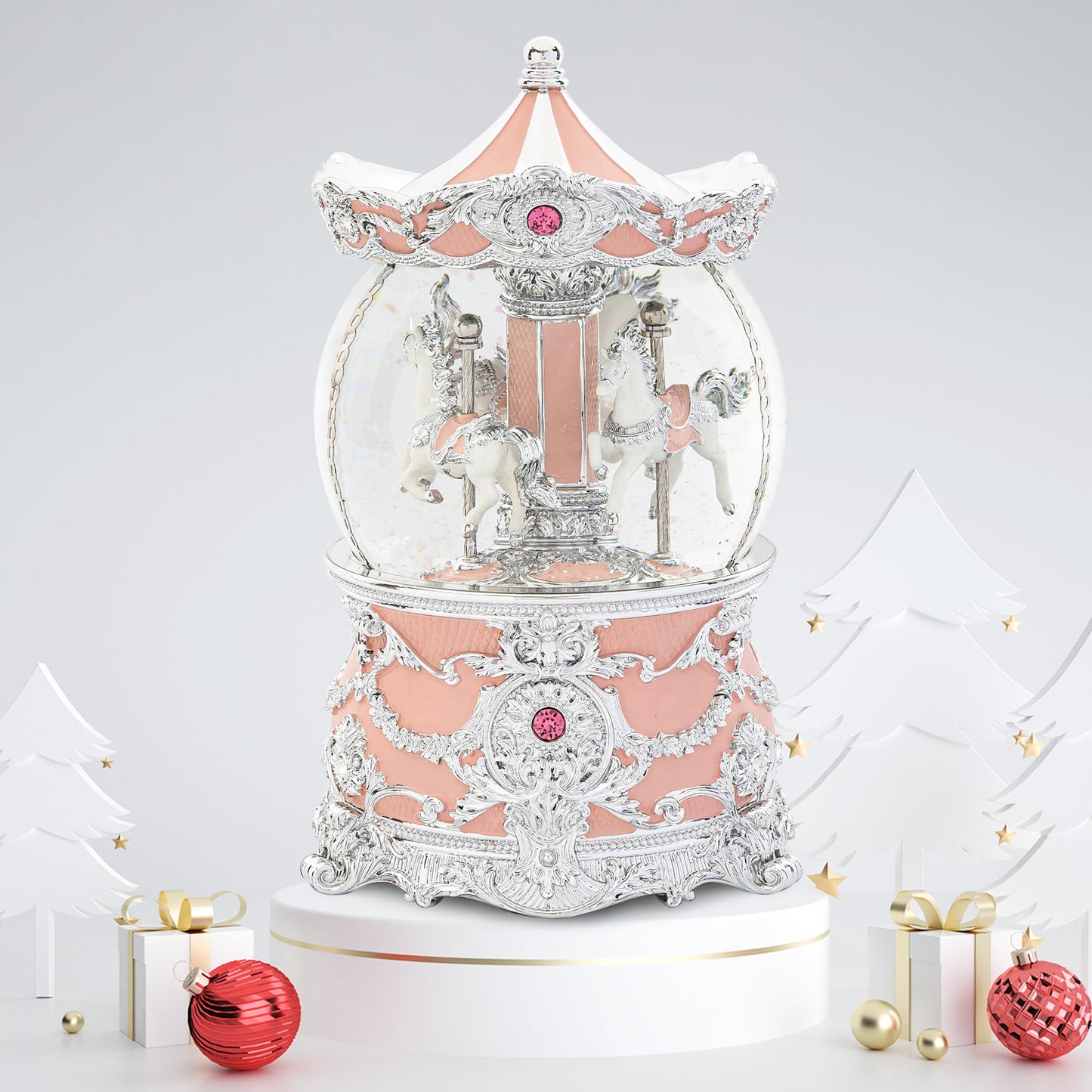Carousel Music Box Silver & Pink Christmas Snow Globes, 8.3" Rotate Carousel Snow Globe for Kids & Adults, Classic Wind up Musical Snow Globe Valentines Day Gifts for Women Girls Carousel Horse Decor