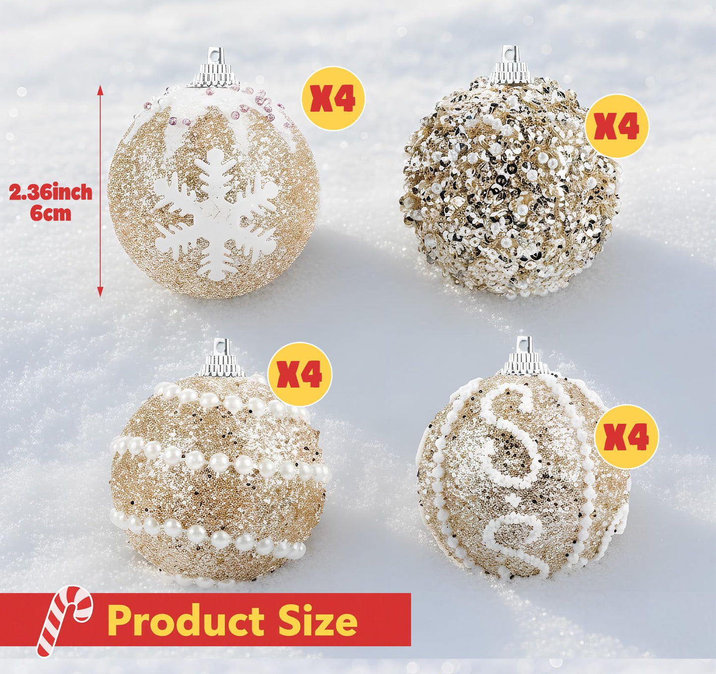 16 Pcs Champagne Christmas Ornaments, Shatterproof Christmas Tree Balls with Pearl Sequin, Hanging Xmas Balls Ornaments Set for Holiday Party Wedding Decorations (2.4"/60mm)