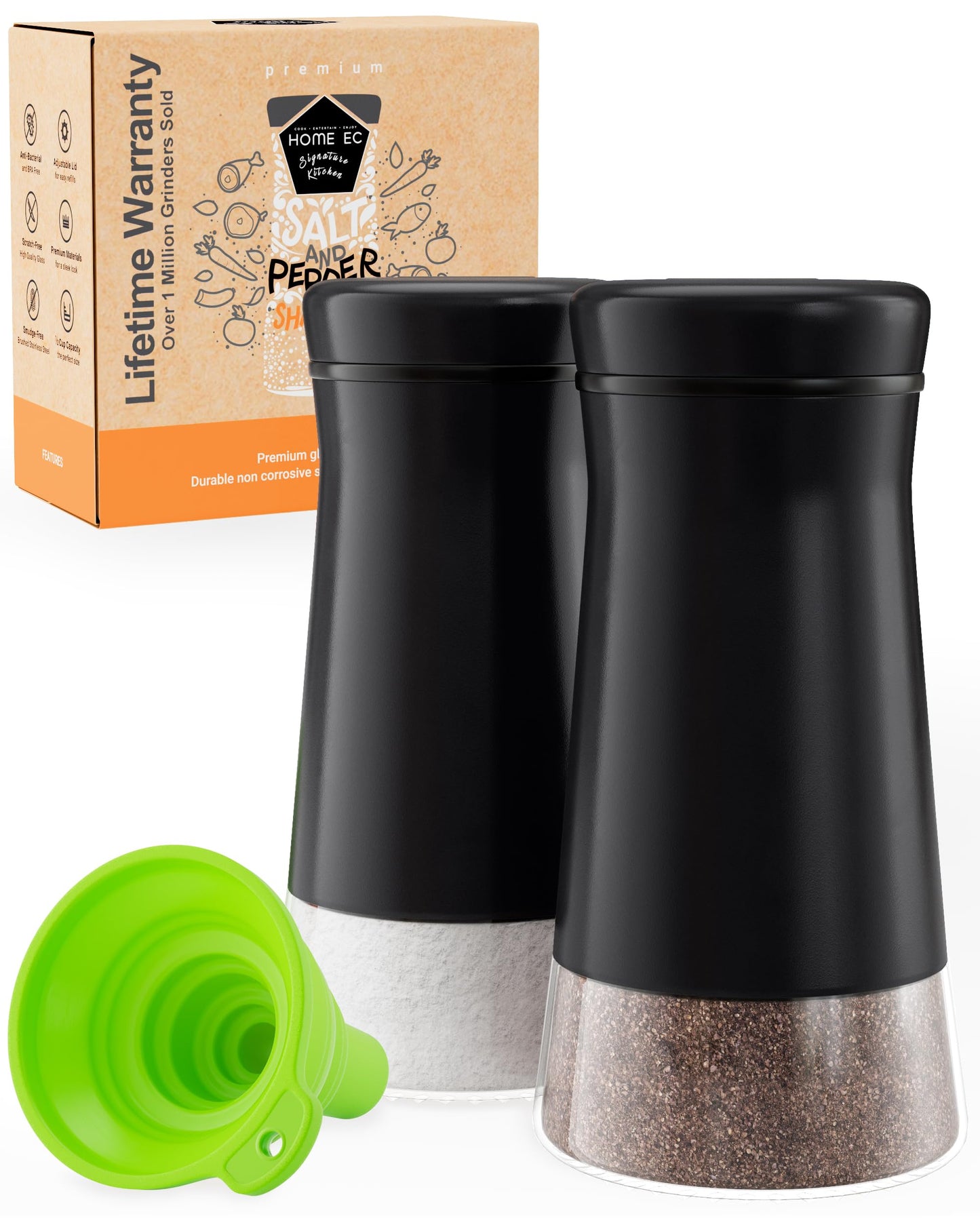 HOME EC Original Salt and Pepper Shakers Set with Adjustable Pour Holes - Black Salt Shaker and Pepper Shaker - Farmhouse Spice dispenser for salts, Ground peppercorn and spices