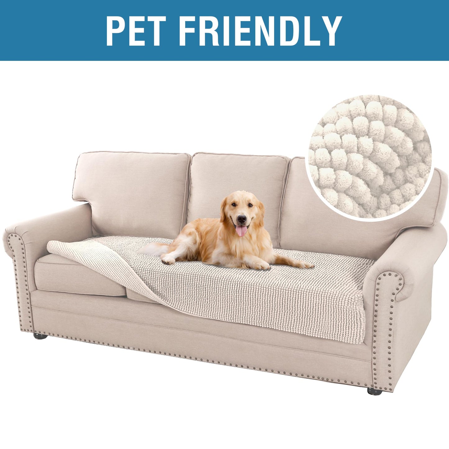H.Versailtex Chenille Dog Bed Cover Thick Soft Sofa Covers for 3 Cushion Couch Anti Slip Sofa Slipcovers Furniture Protector for Dog, Pet, Cat (90x208cm, Ivory)