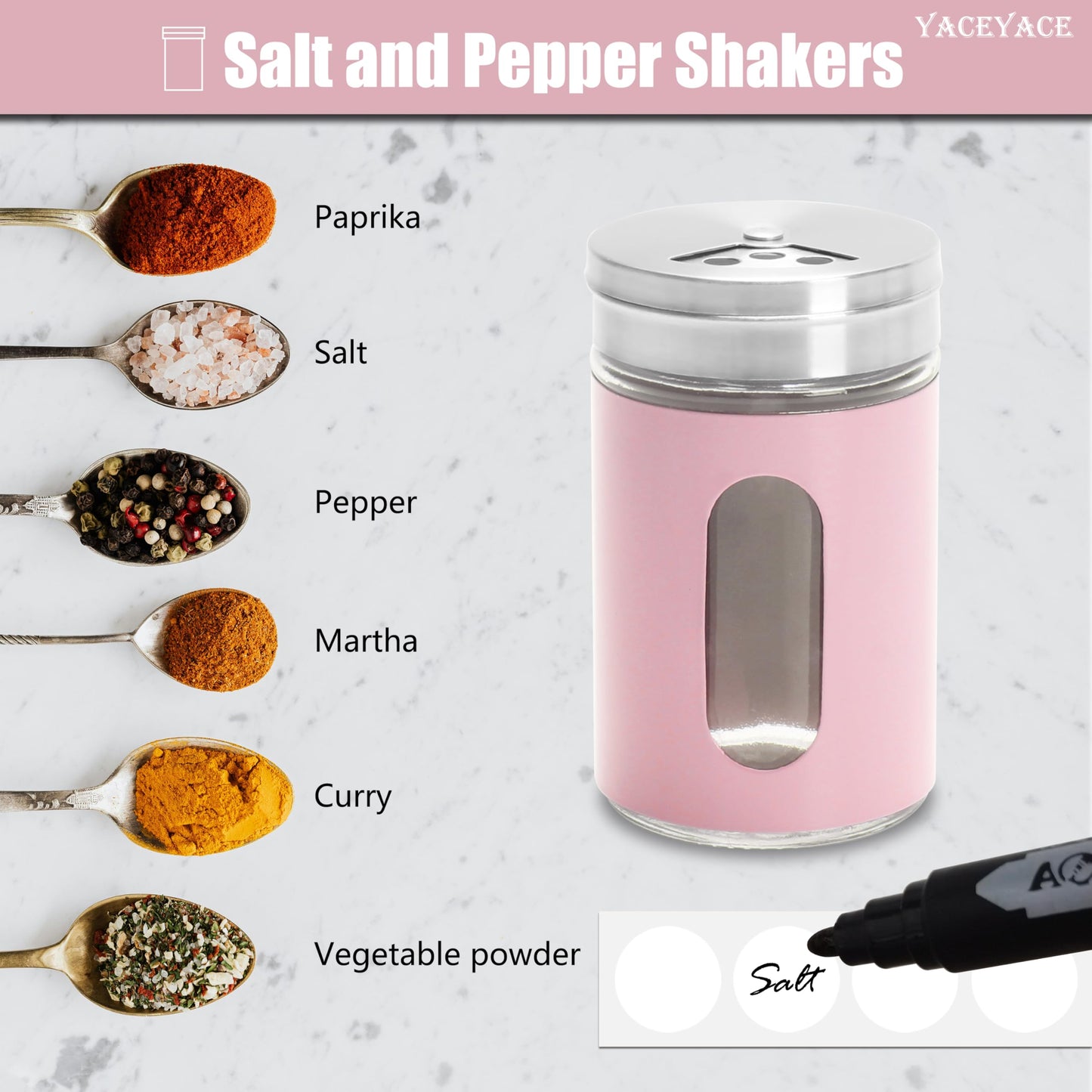 YACEYACE Salt Shakers for Kitchen, 6Pcs Modern Stainless Steel Shaker Set, Salt and Pepper Shakers with Holes, 3oz Pink Powder Sugar Shaker Suster