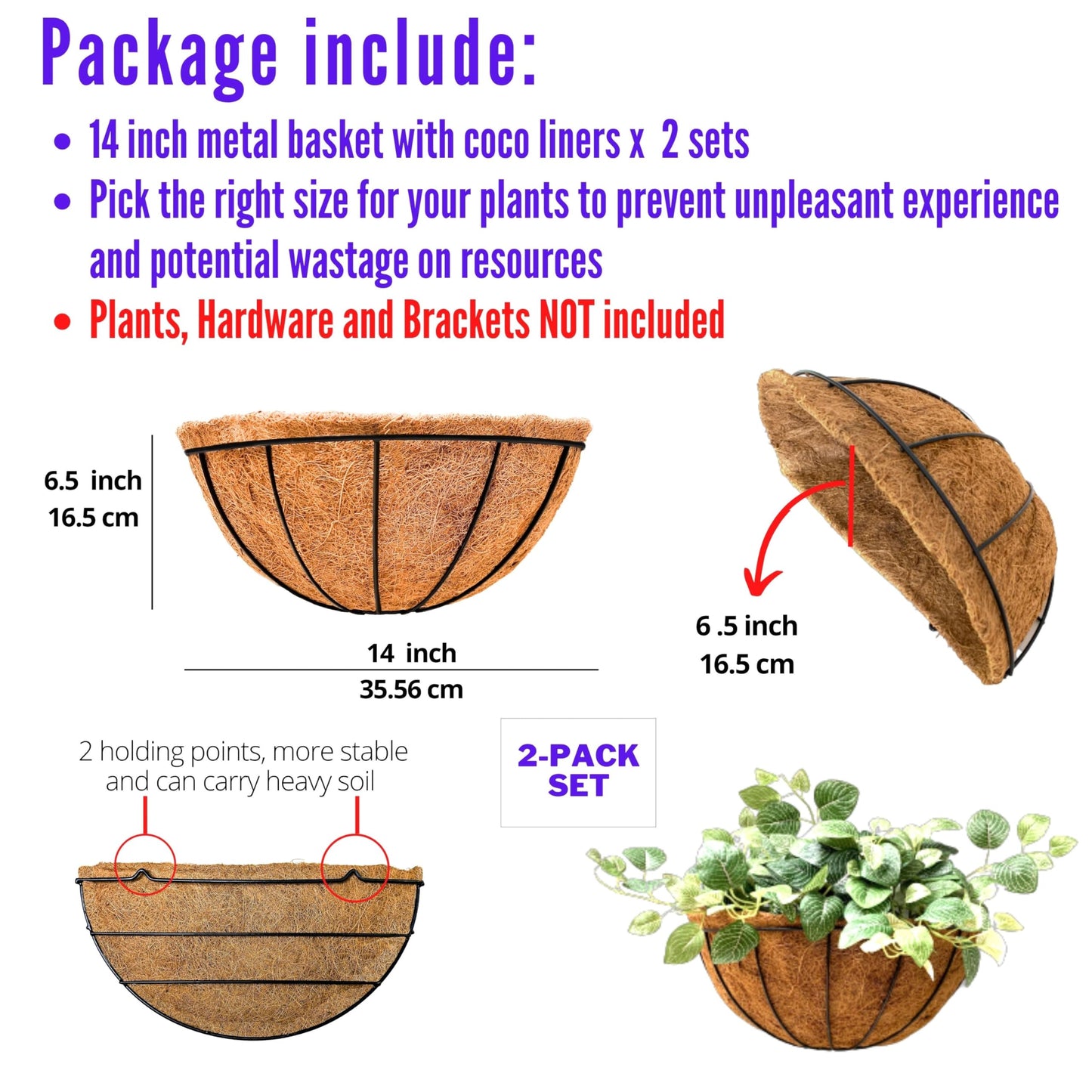 LaLaGreen Wall Planters for Outdoor Plants (2 Pack, 14 Inch) Large Hanging Planter with Coco Liner, Metal Round Wire Flower Basket Outside Fence Railing Plant Pots Holder Deck Porch Balcony Decor