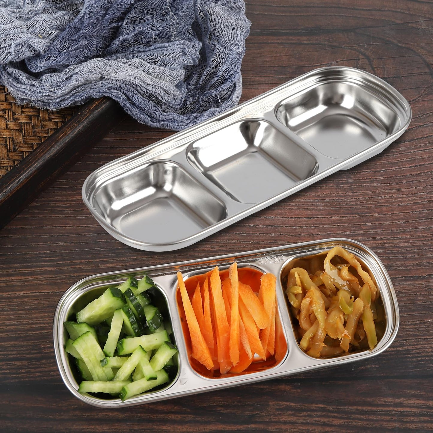 18 Pcs Soy Sauce Dishes, Stainless Steel Divided Dip Bowls, Korean 3-Compartment Sauce Plates for Home Restaurant BBQ, Vinegar, Spices, Ketchup, Salt, Sugar, and Flavors