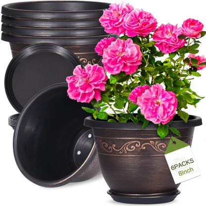 20cm-Plastic-Plant-Flower-Planters Indoor Outdoor, 6 Packs Lightweight Flower Pot With Drainage Hole & Saucer, Retro Antique Imitation Decorative Garden Pots For Houseplants