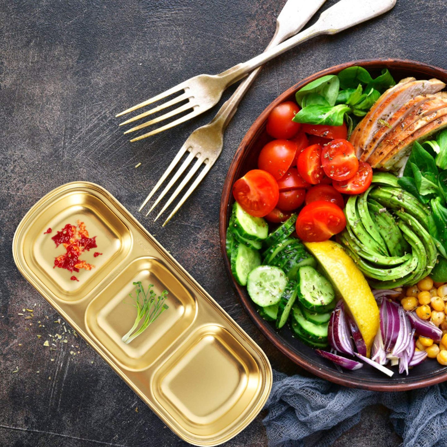 OUNONA Three Grid Seasoning Dish 2-Pack 8.07X3.14X0.78 Inch Stainless Steel Sauce Tray for Serving Dipping Sauces Appetizers and Condiments in Kitchen Restaurant Catering