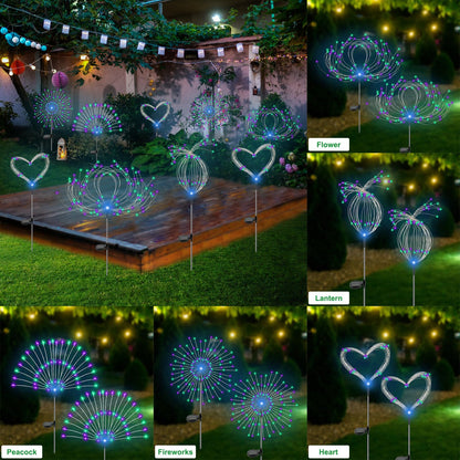 Slyuexu Solar Garden Lights Outdoor Waterproof, 2 Pack 120 LED Solar Firework Lights Decorative Garden Décor Outside for Flowerbed Pathway Party Halloween Christmas Decorations, Green + Purple