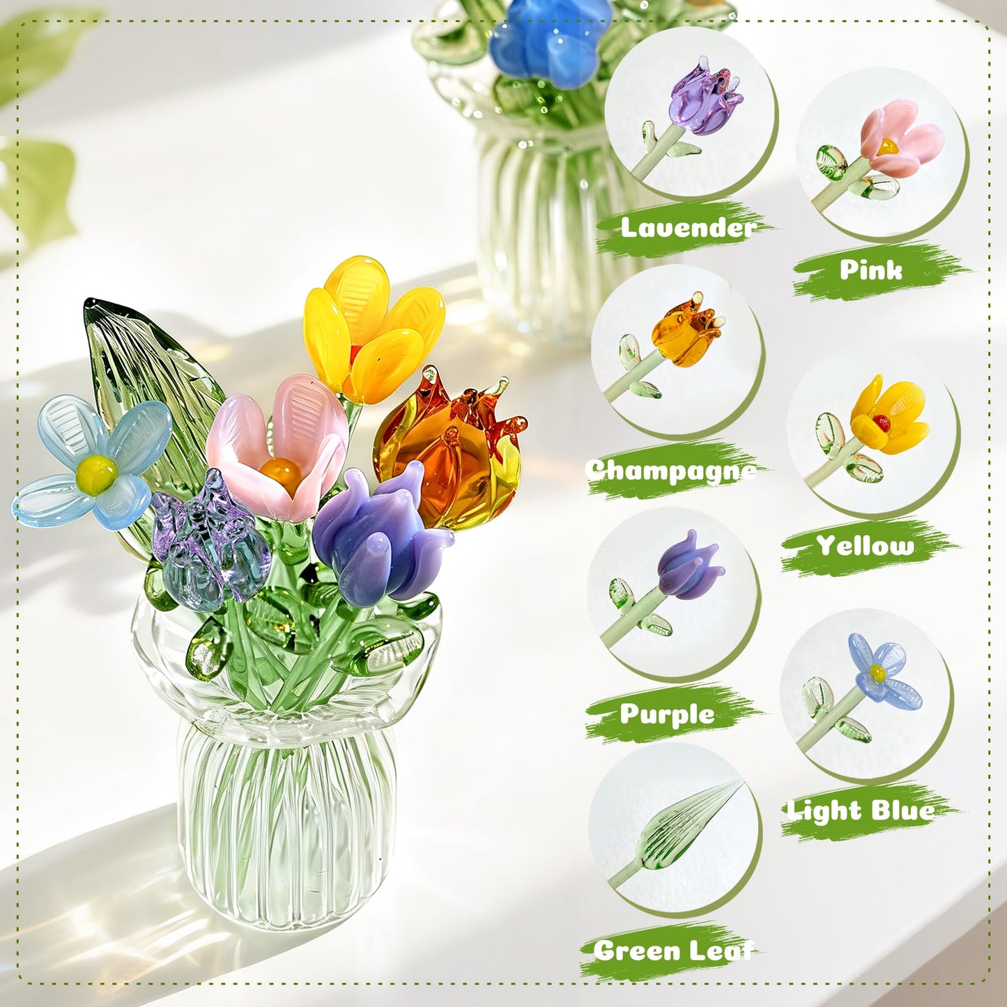 H&D HYALINE & DORA 7 Pcs Mini Glass Flower Hand Blown Glass Artificial Flowers with Clear Vase Crystal Wildflower Collectible Ornament for Women Mom Wedding Home Table Centerpiece(Style 1)