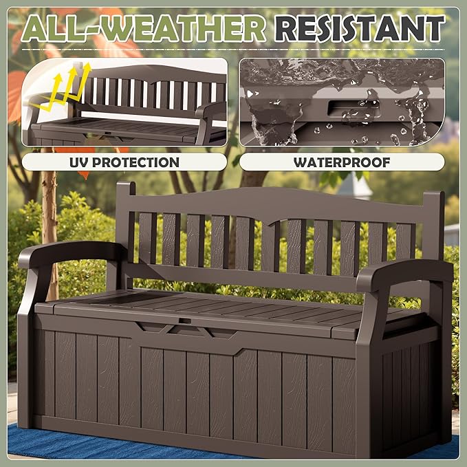 Homall 75 Gallon Outdoor Storage Benches Lockable Deck Box with Waterproof and UV Resistant, Waterproof Storage Box for Patio Furniture, Tools, Cushions (Brown)