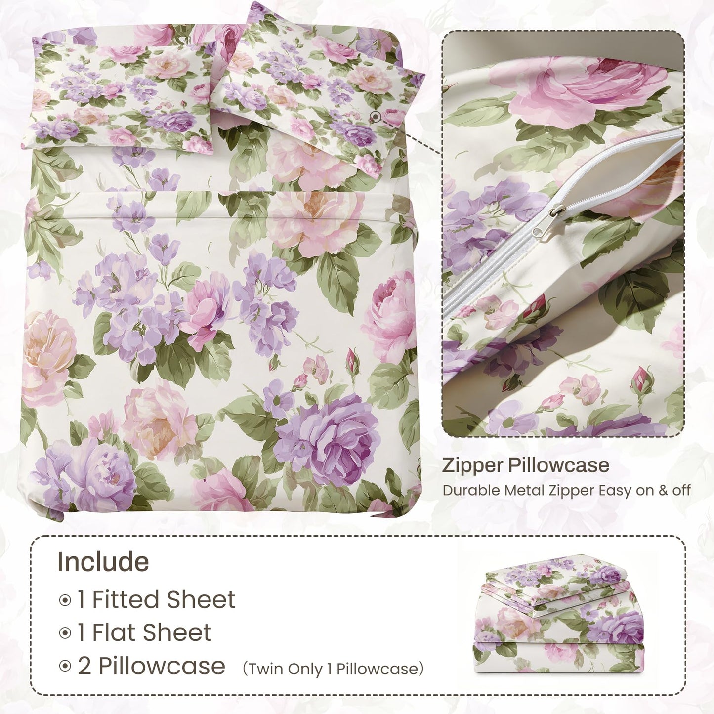 Purple Peony Queen Sheet Set 4 Pcs Watercolor Flowers Bed Sheets