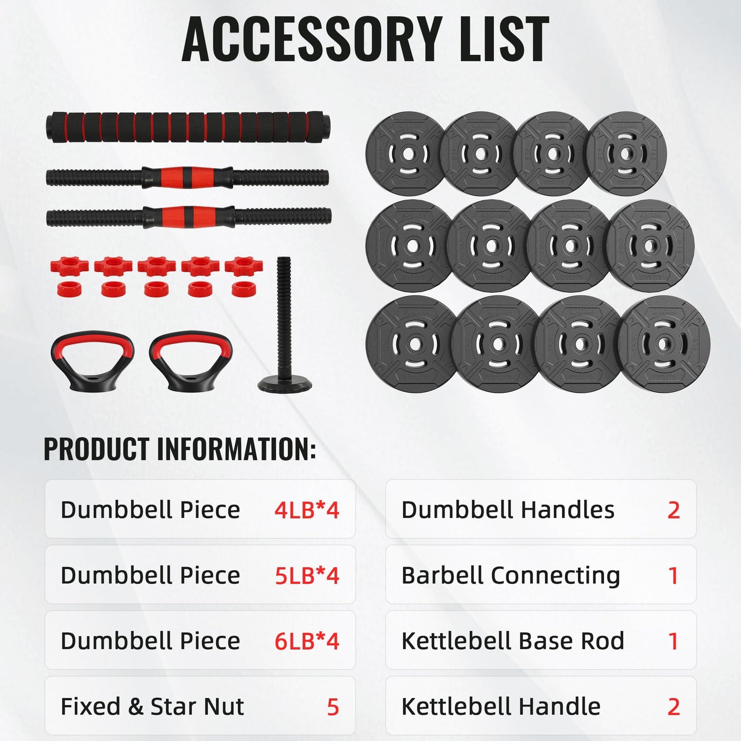 Fitvids Multi-Functional Portable Changeable Dumbbell and Barbell Kettlebell Set with Adjustable Weights, 40LBS or 60LBS Sets, 2-in-1 or 4-in1, Multiple Sizes