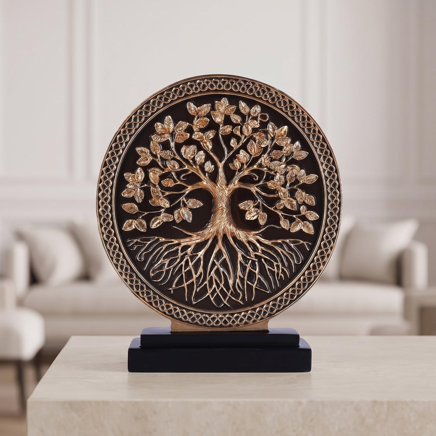WUBIANJIE Tree of Life Statue Resin Sculpture for Home Decor, Hand Painted Tree Sculpture with Round Relief Design, Decorative Figurine for Living Room Shelf Tabletop Entryway Office