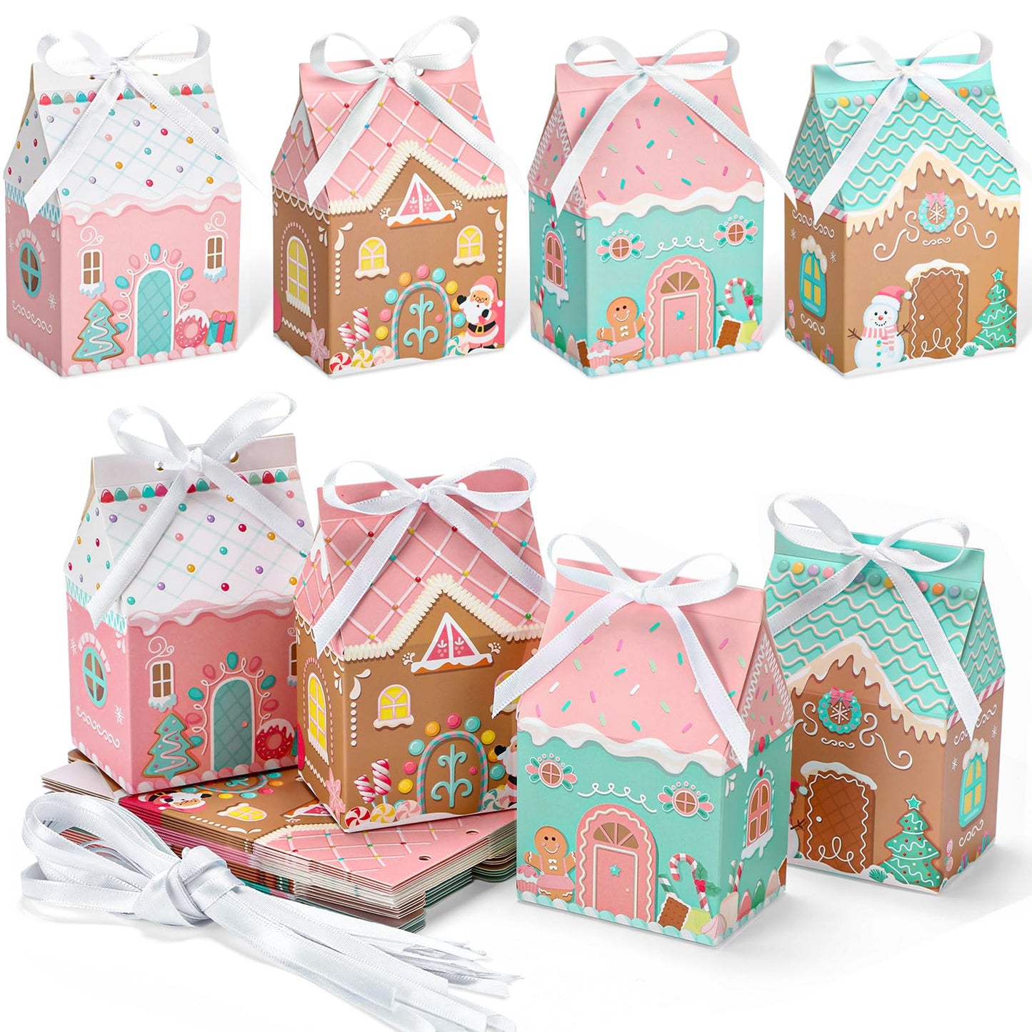 Kritkin 24 Pcs Small Pink Gingerbread House Gift Boxes with Ribbon Mini Christmas Gingerbread House Boxes for Mini Cookie Container Snacks Macaron Candy Dessert Wrapping Holiday Gifts Giving