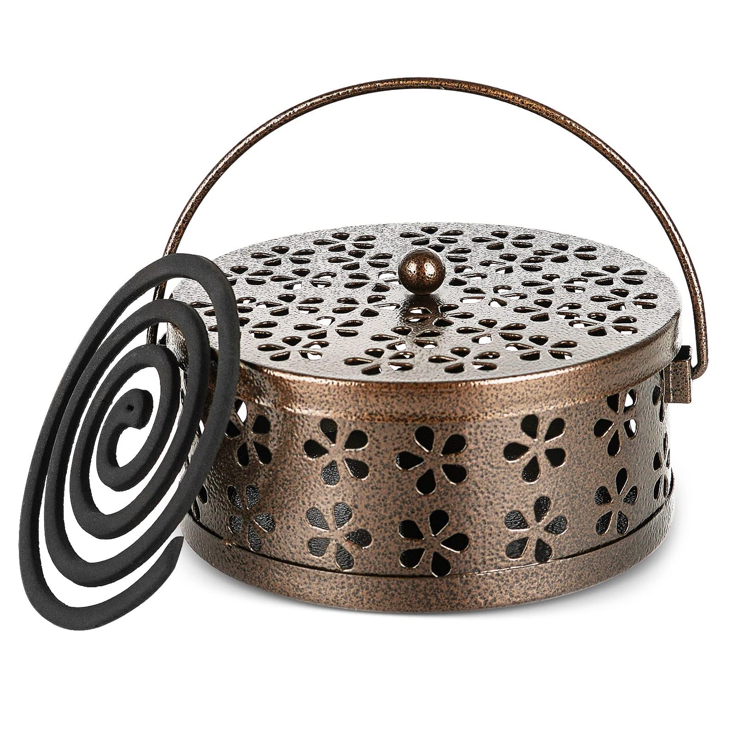 Whiidoom Portable Iron Mosquito Coil Holder with Handle Round Heat-Resistant Incense Holder (Bronze)