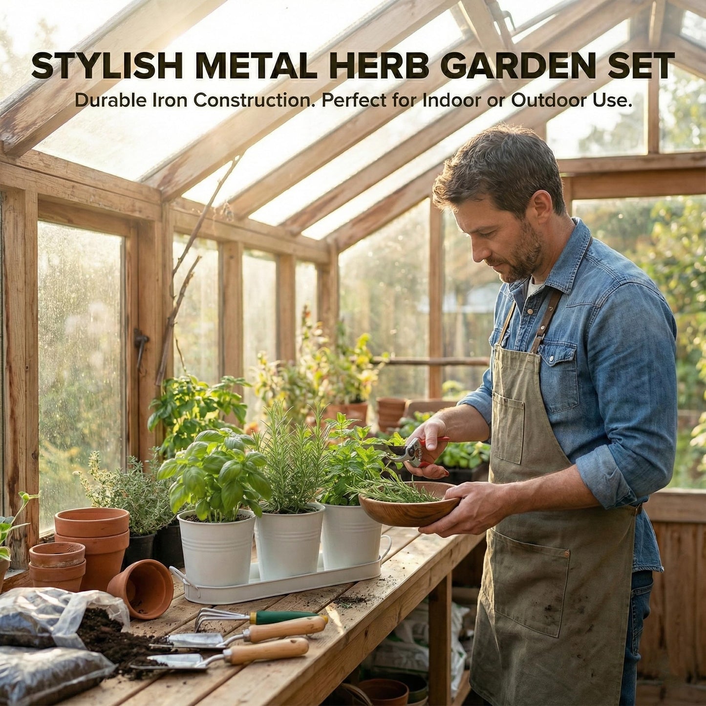 Herb Garden Planter Set – 3-Pcs Set Galvanized Metal Herb Planters for Indoors Plants with Tray – Indoor Plant Pots for Apartment Window, Balcony, Garden – Potting Pots for Herbs and Flowers