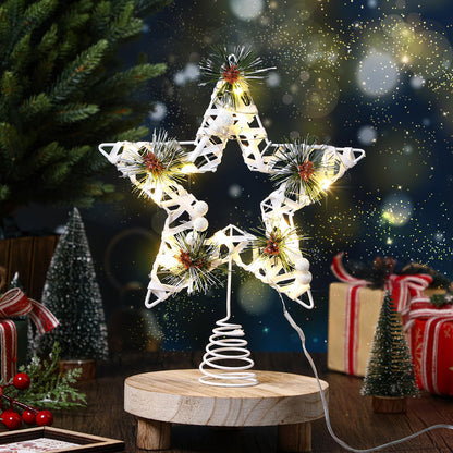 Amyhill White Christmas Star Tree Topper Decor 8 x 11 Inch Farmhouse Rustic Lighted Metal Tree Topper Farmhouse Christmas Ornament for Xmas Holiday Seasonal Decorations