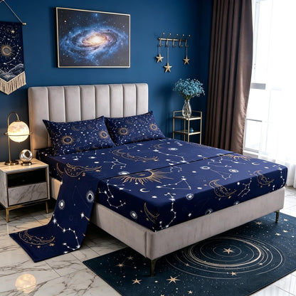 Castle Fairy Golden Sun Moon Fitted Sheet Set Full Size 4 Pcs,Stars Planets Bedding Set(1 Fitted,1 Flat,2 Pillowcases),Navy Blue Universe Luxury Deep Pocket Bed Sheets for Girls Teesn Room