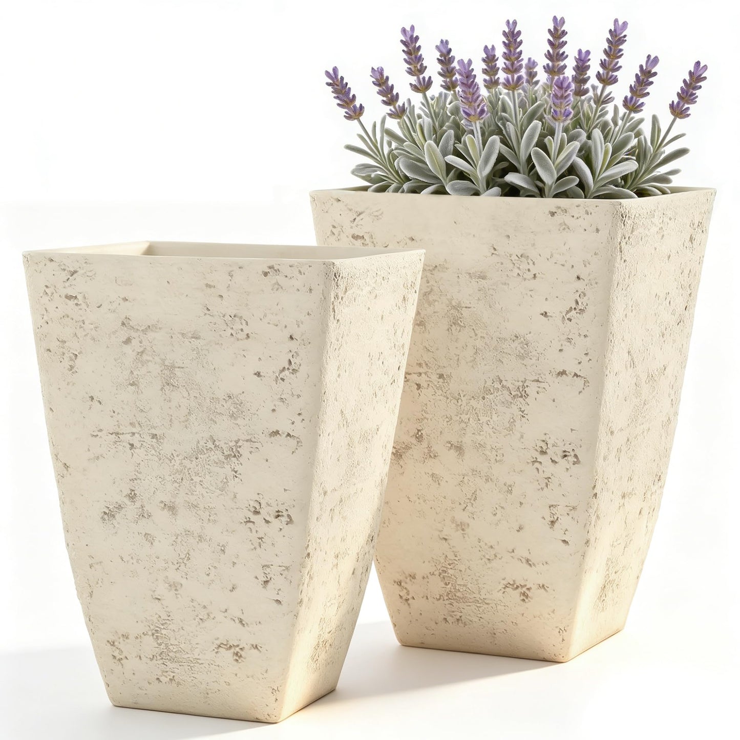 Autodaya 19" Plant Pots Tall Planters for Plants Outdoor Set of 2 Large Square Flower Pots Indoor Front Porch Decor Garden Pot with Drainage Hole Handmade Birch Bark Texture for Patio, Country White