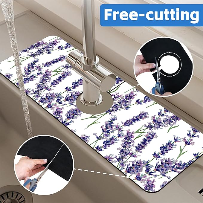 Watercolor Lavender Bunches Kitchen Sink Splash Guard Mat Absorbent Fast Drying