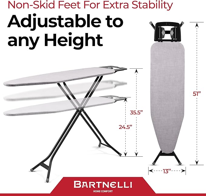 Bartnelli Extreme Stability Ironing Board 43x13 Upgraded Heavy-Duty Metal Frame
