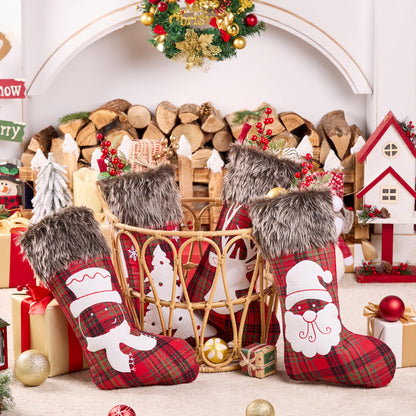 Mostop 4 Pack Christmas Stockings, Large Buffalo Plaid Faux Fur Xmas Stockings Santa Snowman Reindeer Pattern Stockings for Xmas Family Home Decoration