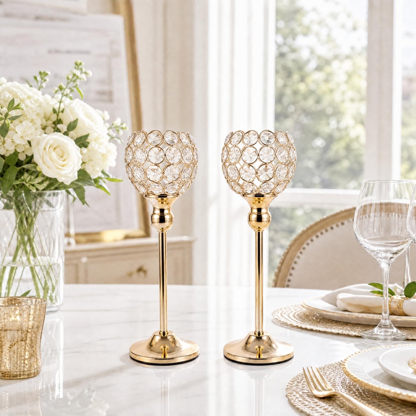 VINCIGANT Gold Crystal Candle Holders Set of 2 for Fireplace Coffee Table Mantle Decor,Wedding Home Halloween Decoration Centerpieces