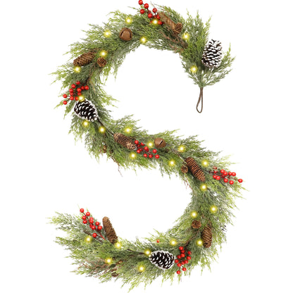 9FT Christmas Cedar Garland with Lights,Artificial Realistic Battery Operated Green Garland Christmas Decorations for Home Mantel Stairs Railing Dining Table Winter Decor