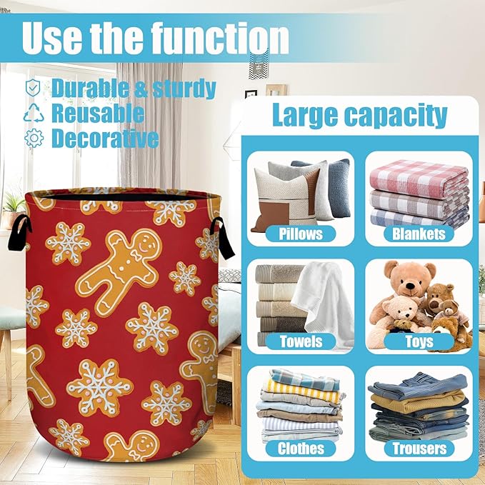 Red Gingersnap Laundry Basket, Christmas Laundry Hamper Collapsible Oxford Cloth