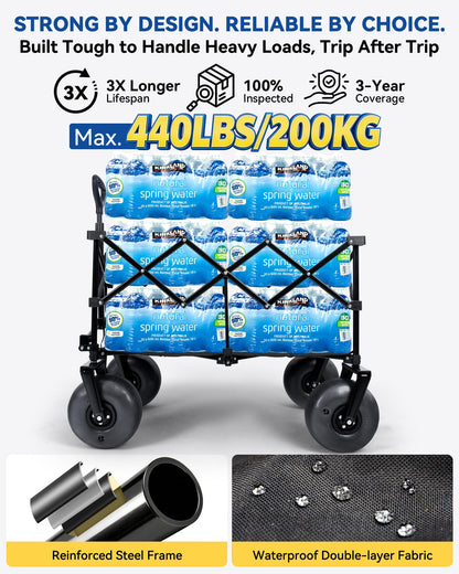 Hikenture Beach Wagon with Balloon Wheels, 9" PU Tires Collapsible Wagon, 440lbs Heavy Duty Beach Cart with Big Wheels for Sand, Large Capacity Utility Wagons Carts Foldable