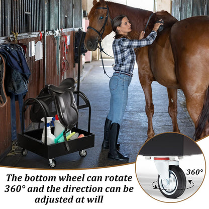 Metal Rolling Saddle Rack Cart with Basket Storage Box Built-in Grooming Organizer Fits Western English Saddles 360° Swivel Wheels Heavy Duty Caster for Tack Room, Bridle, Horse Lovers, Cowboy
