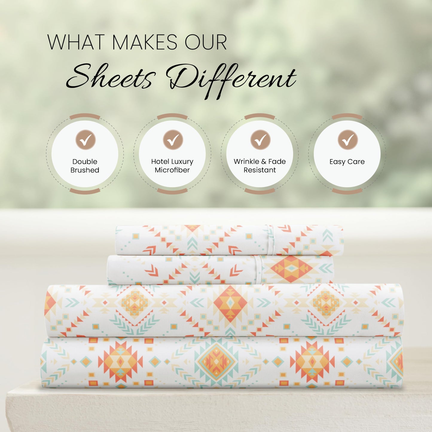 Linen Market Double-Brushed Patterned Microfiber Full Sheet Set 4 Piece – Oeko-TEX Certified Ultra Soft & Wrinkle-Free - 16" Deep Pocket Sheets - Easy Care Full Size - Aztec Dreams Coral