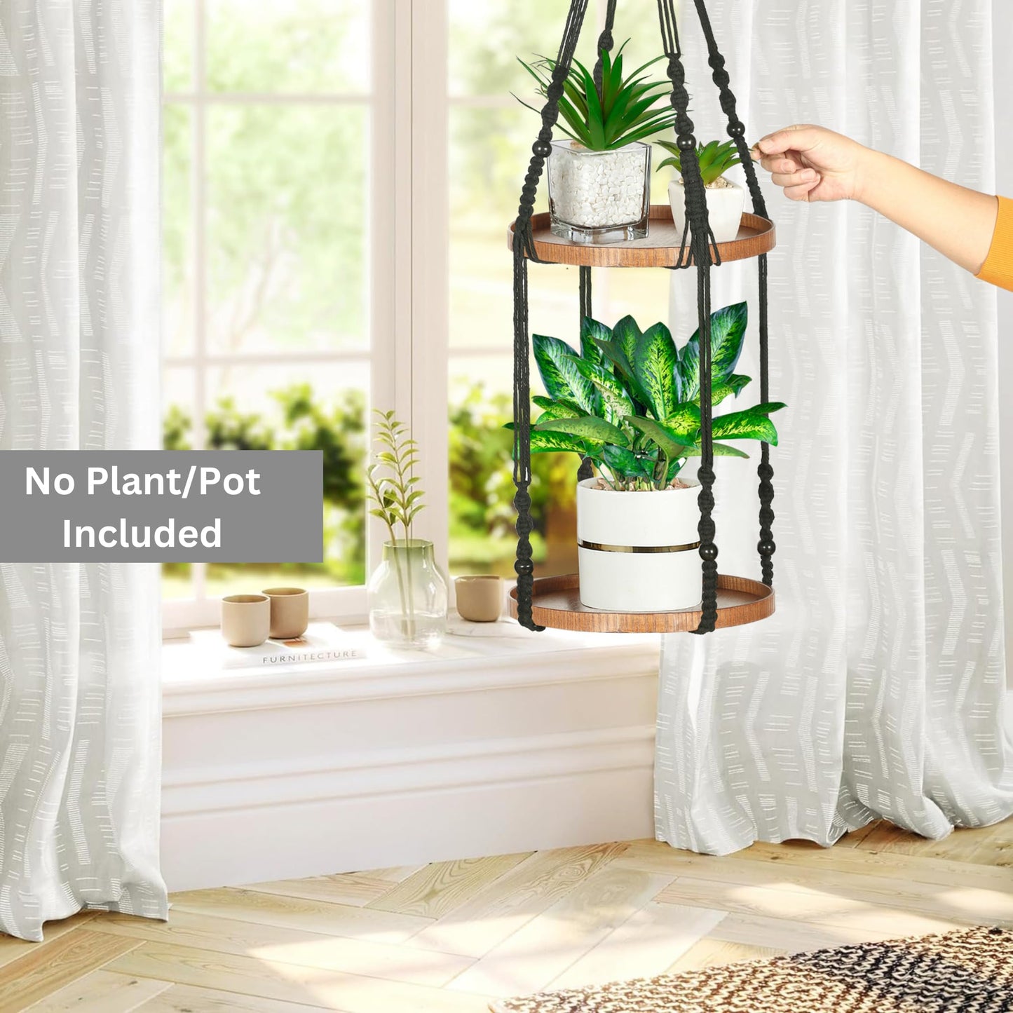 Shineloha 2 Tier Macrame Plant Hanger | Plant Hanger Indoor, Hanging Planter | Hanging Planter Shelf (Large, 12" Shelf)
