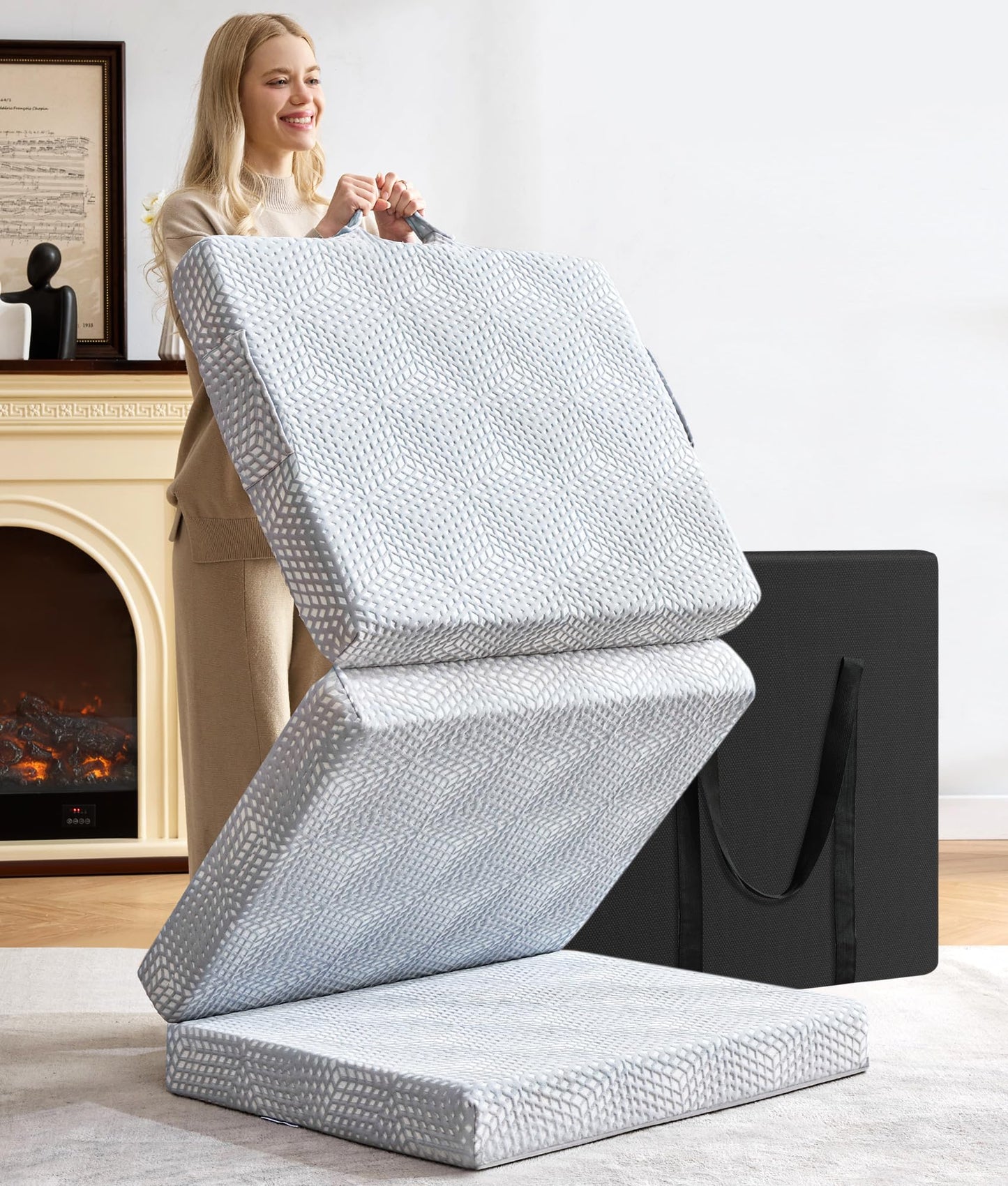 BDEUS Memory Foam Folding Topper 3.95 Inch Small Queen Size with Protable Storage Bag, Trifold Topper Soft Guest Mat Floor Mat for Kids Camping Road Trip, Gray, 58 x 78 Inch