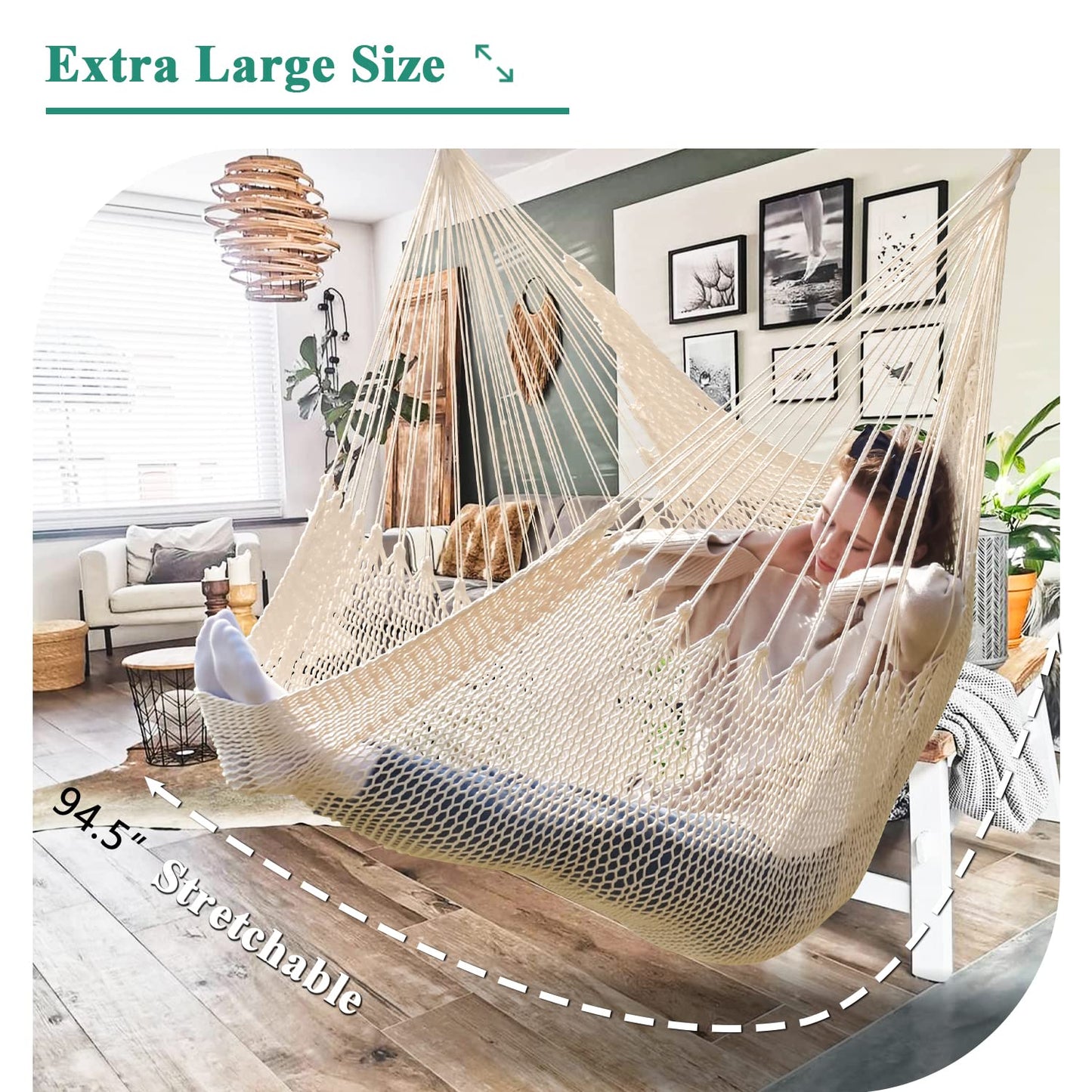 Bathonly Large Hammock Chair with Metal Bar, Caribbean Hammock Swing Chair with Stand, XL Hammock Chair Outdoor Indoor, 330 LBS Weight Capacity