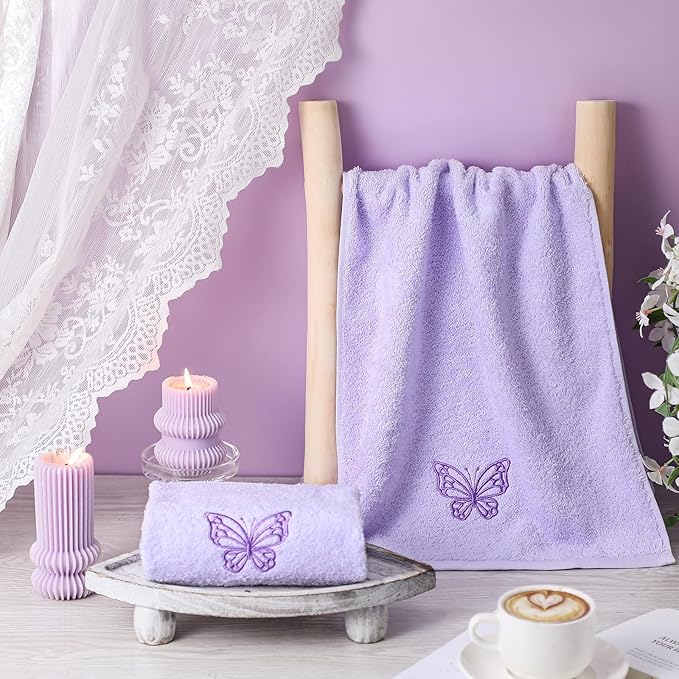 2 Pcs Butterfly Hand Towels Light Purple Bathroom Decor 14x29 Inch Embroidered