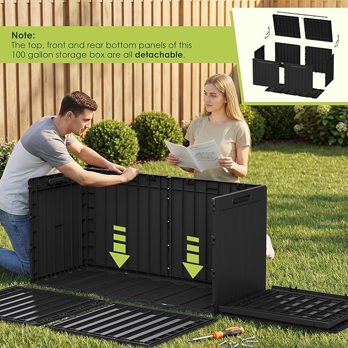 Devoko 100 Gallon Outdoor Storage Box, Waterproof Resin Deck Box for Patio Furniture, Lockable Container for Garden Cushions & Pool Supplies (Black, 100 Gallon)