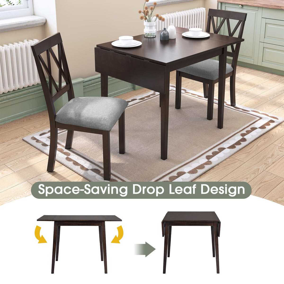 Merax Wooden 29"- 45" Extendable Rectangular Dining Table with Drop Leaf, Fits up to 4, Easy Assemble Espresso