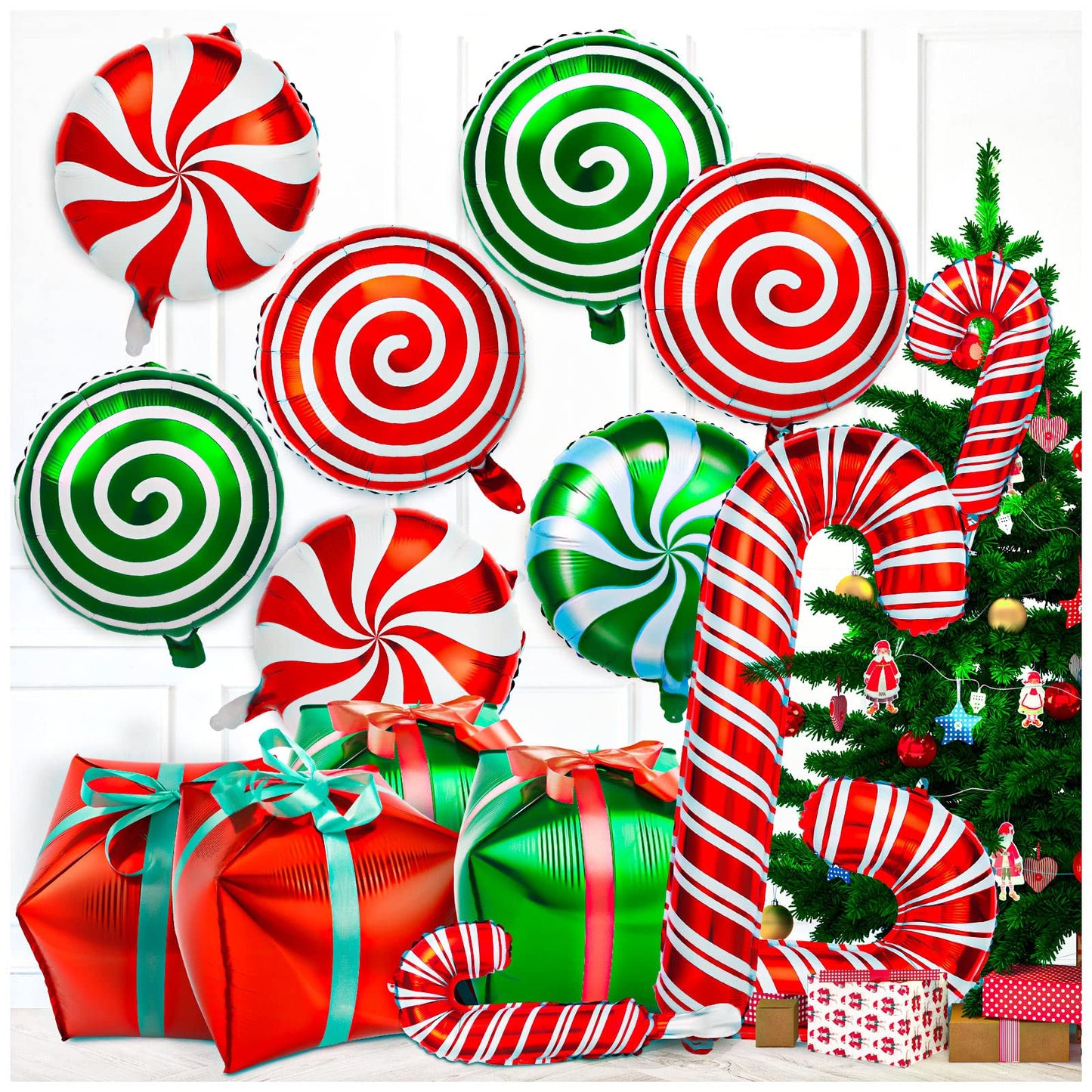 32Pcs Christmas Balloons, Christmas Candy Cane Foil Balloons with Ribbons, Red Green Mylar Balloon for Party Decorations