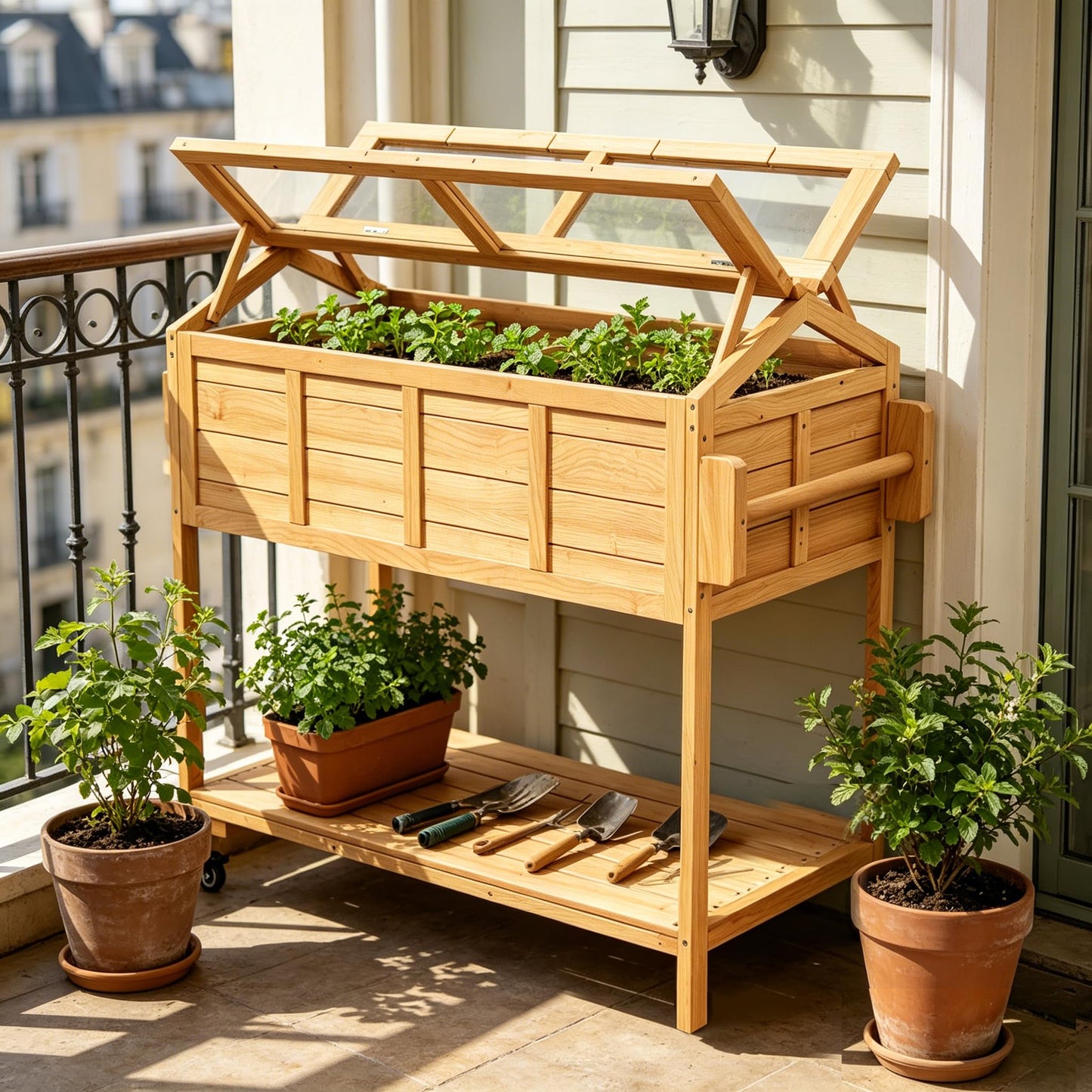 Raised Garden Beds on Wheels with Legs and Cover Elevated Herb Planter Box Cart Outdoor with Bed Liner,Storage Shelf,Seed Starter Tray for Backyard Patio Gardener Porch Outside (Country Rustic)