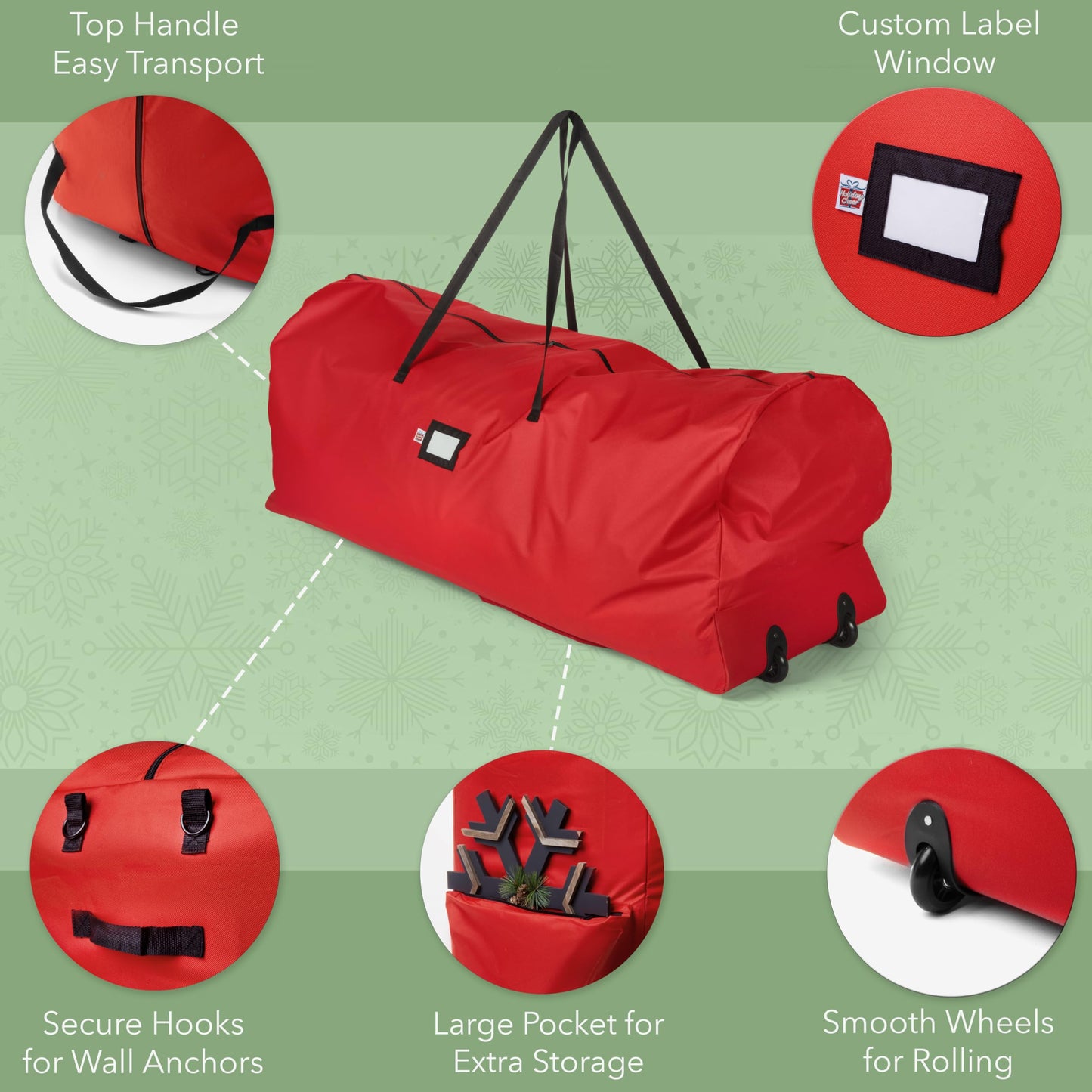 Holiday Cheer Christmas Tree Storage Bag with Wheels – Heavy Duty Christmas Tree Bag Fits Up to 9ft Tall Artificial Christmas Tree, Waterproof, Durable Handles & Zipper – Xmas Tree Storage Bag (Red)