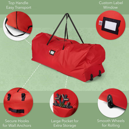 Holiday Cheer Christmas Tree Storage Bag with Wheels – Heavy Duty Christmas Tree Bag Fits Up to 9ft Tall Artificial Christmas Tree, Waterproof, Durable Handles & Zipper – Xmas Tree Storage Bag (Red)