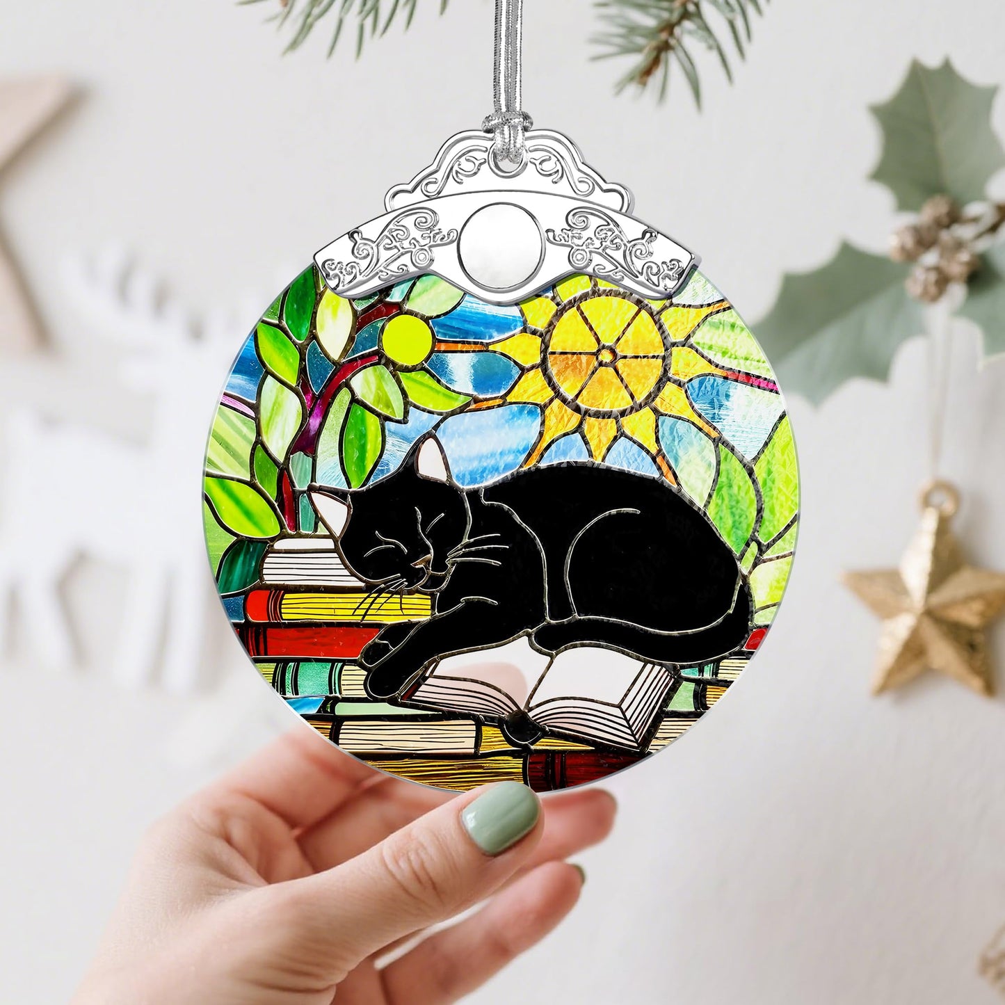 Stained Glass Black Cat Christmas Ornament: Christmas Tree Ornaments & Decor, Holiday Decor – Holiday Presents, Gift Exchange Ideas & Elegant Keepsake for Family, Coworkers & Friends