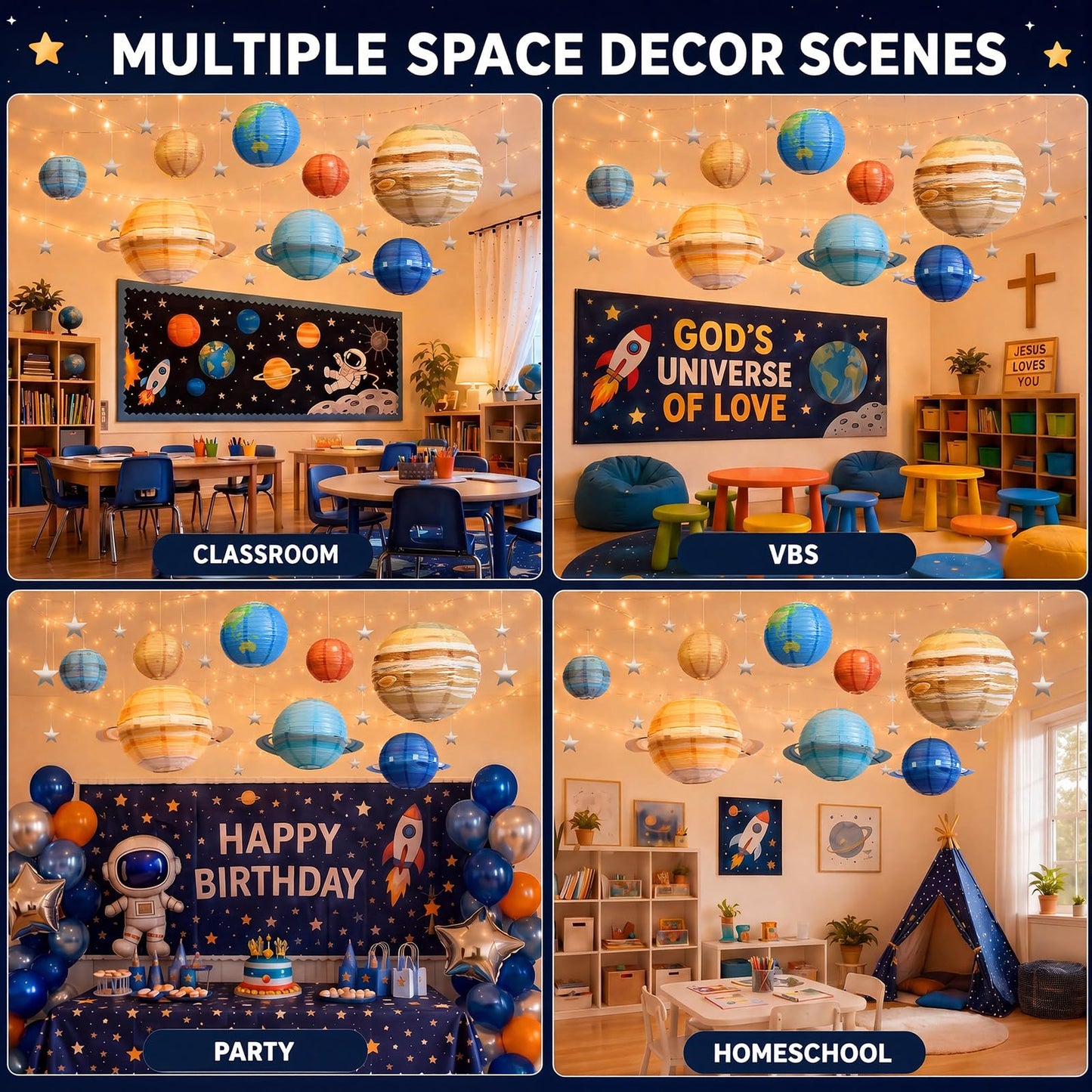 Relaxgiant 53 Pcs Space Ceiling Decoration for Classroom Galaxy Hanging Planet Decor Set with Solar System Lanterns, 66ft String Lights, Silver Stars, Hook for Outer Space Astronaut Birthday VBS Party