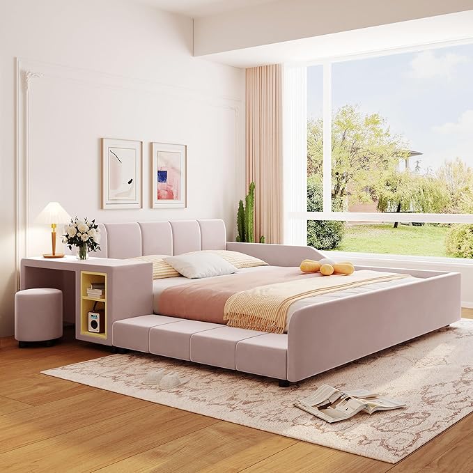 SOFTSEA Queen Upholstered Grounded Bed, Mother & Child Platform Bed