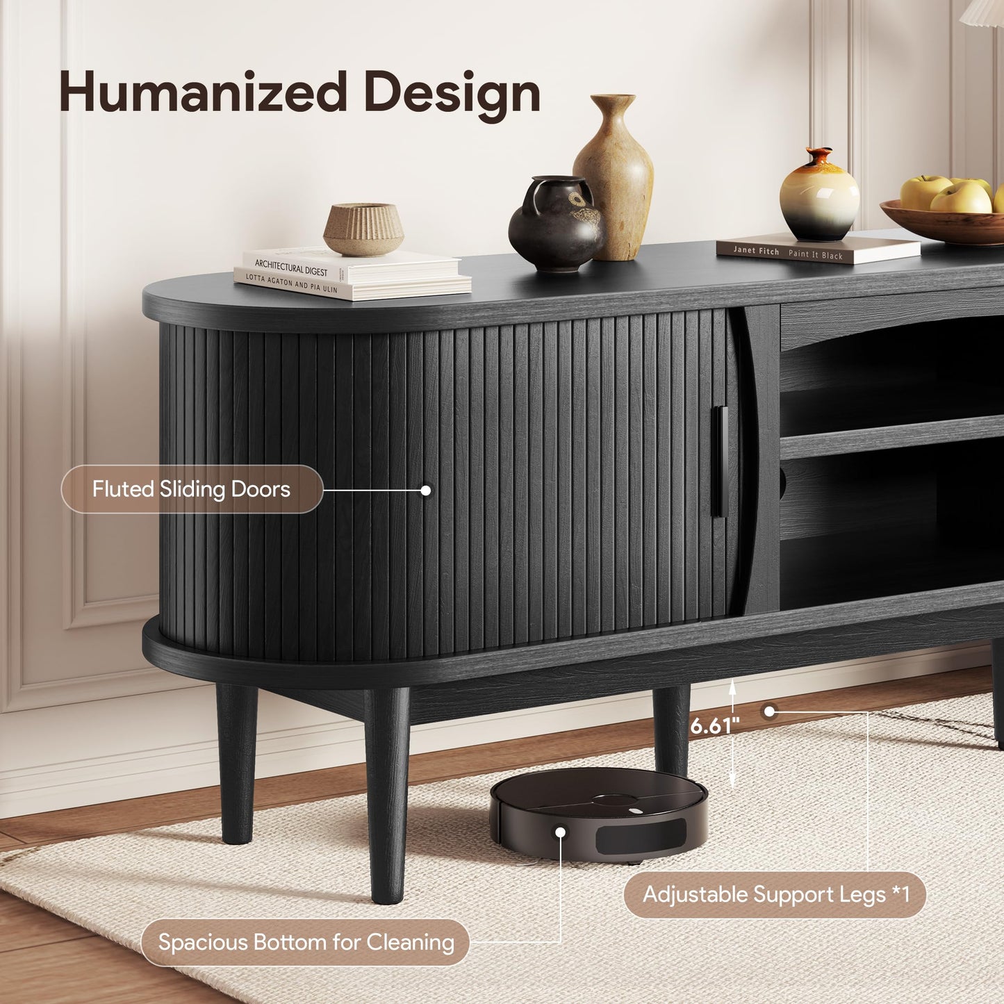 Decofy Mid Century TV Stand for TVs up to 80 Inches, Entertainment Center with Storage, Power Outlet, Fluted Sliding Doors & Adjustable Shelves, Modern Media TV Console Table for Living Room (Black)